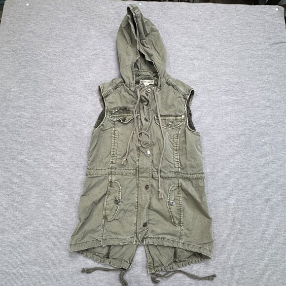 Marrakech Womens Small Olive Green Distressed Hooded Utility Vest Zip Snap Front - Picture 3 of 16